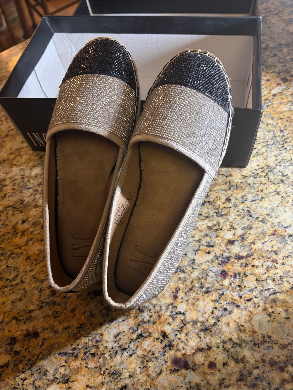 INC International Concepts, 6.5  Metallic Espadrille Flats - Silver & Black NEW